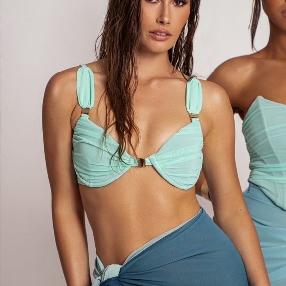 NEW JLUXLABEL Light Blue High Tides Bikini Mesh Ruched Bikini Top - Picture 11 of 17